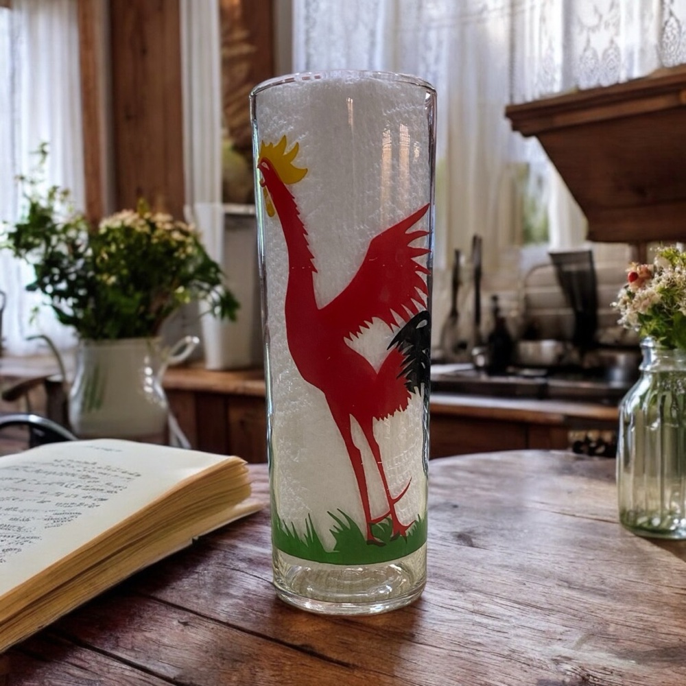 Vintage Federal Glass Tall Collins Glass with red crowing rooster. MINT  FUN